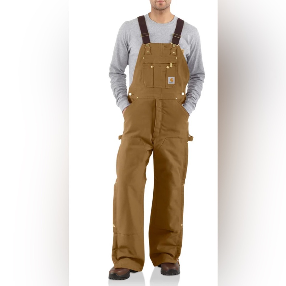 Carhartt duck zip-to-thigh quilt lined bib overall
